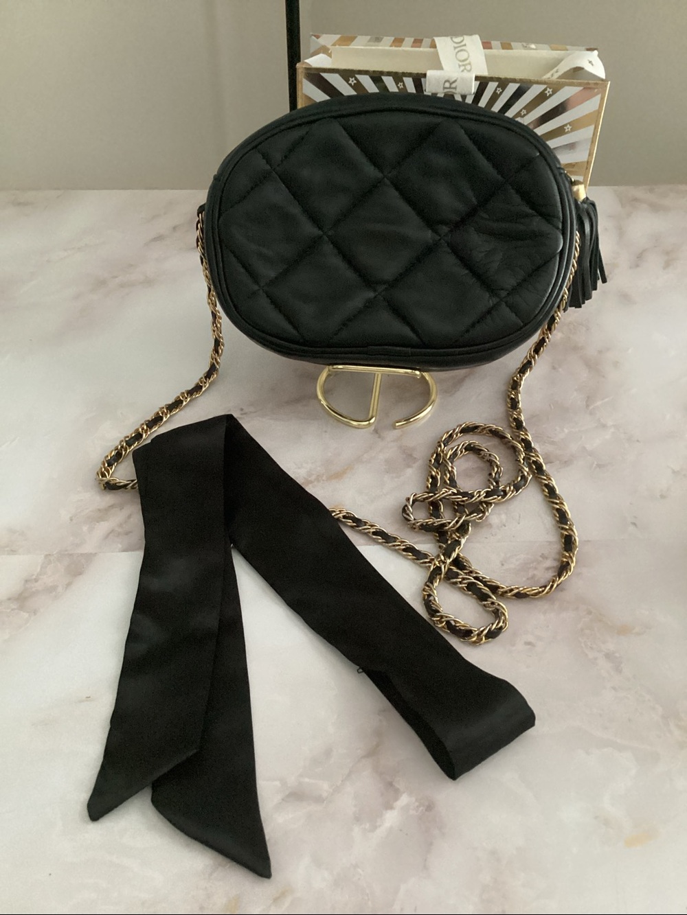 saks fifth avenue lambskin leather mini chain crossbody  bag w scarf